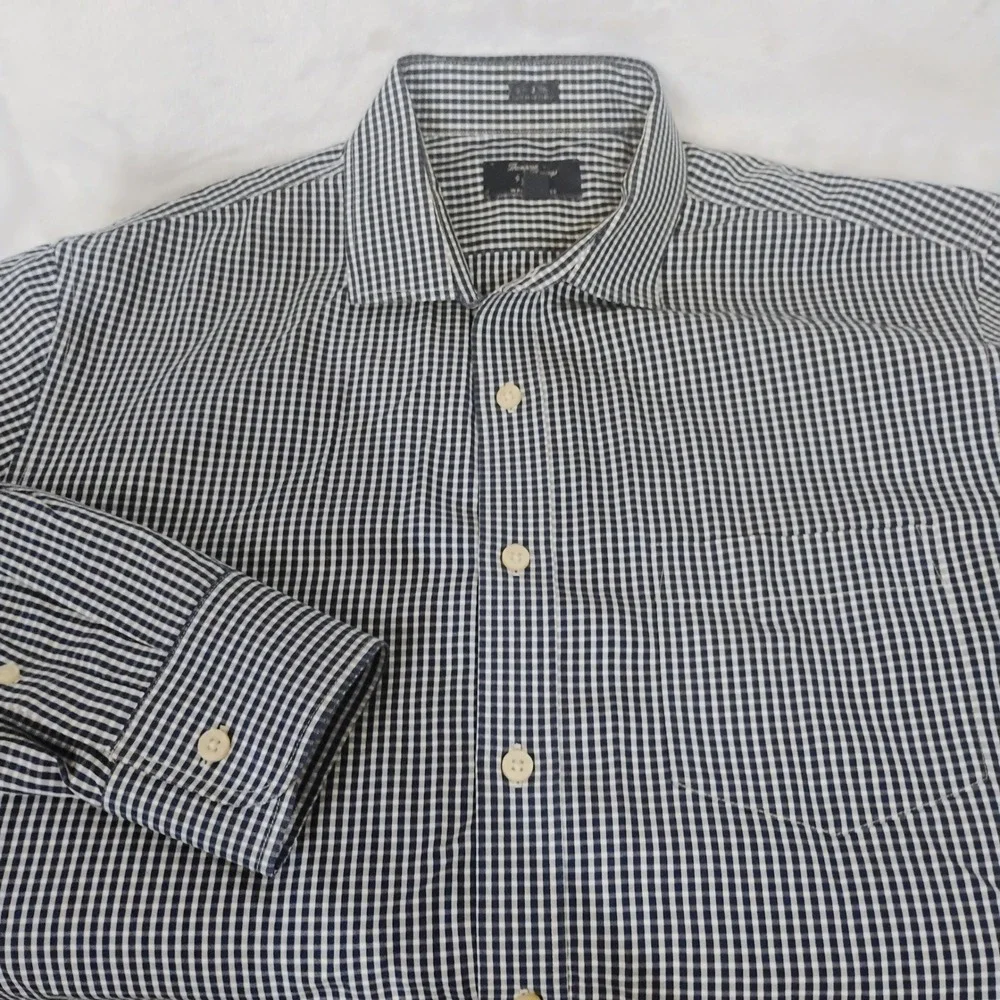 J Crew Mens Large Thompson Shirtings Navy Gingham Wrinkle Free Button Shirt E